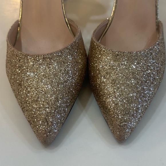 GLITTER - Gold Glitter Women's 3 1/2”L Heels with Ankle Strap Size 7 Worn Once - Picture 5 of 10